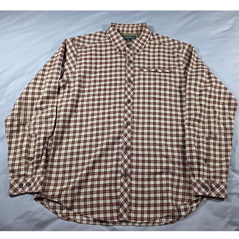 ExOfficio Flannel Button Up Shirt Mens XL Burgundy Tan Plaid Gorpcore Outdoors